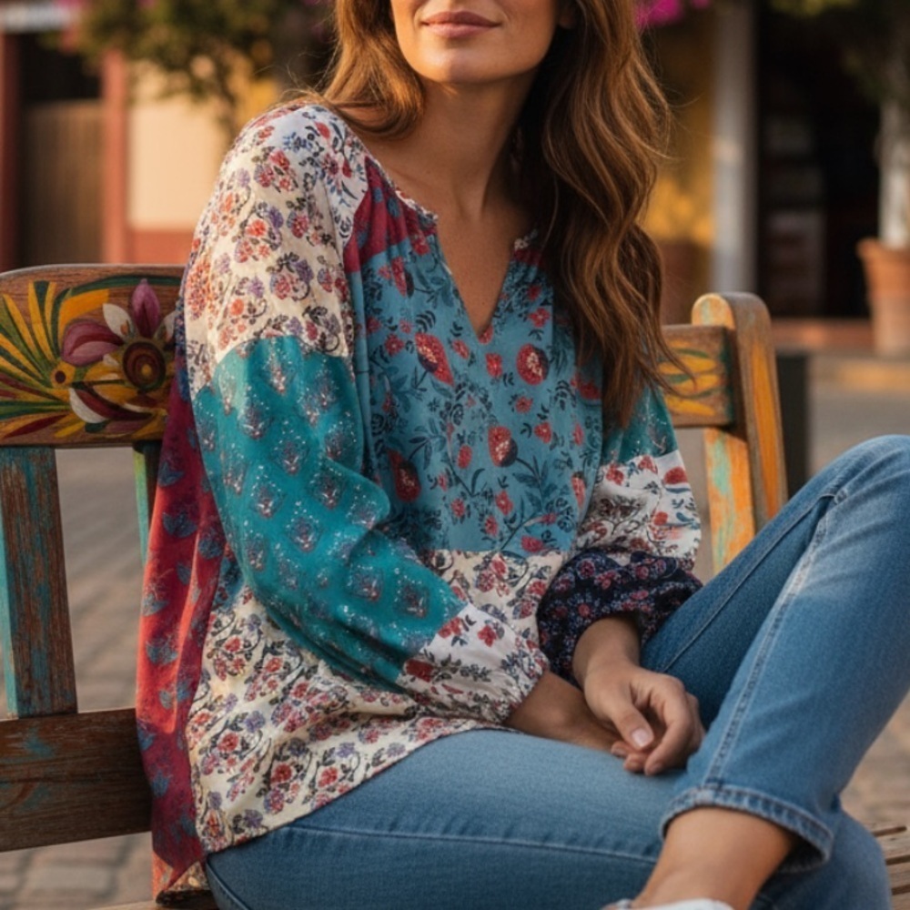 Boho patchwork split neck long sleeve blouse xl - Picture 2 of 4